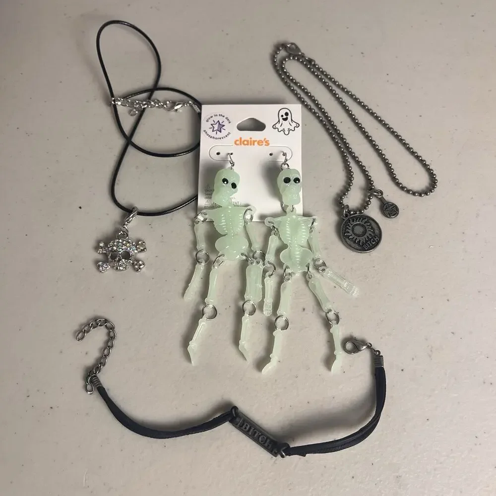 Halloween Glow In The Dark Skeleton Earrings Spooky Necklaces Bracelet Set Lot